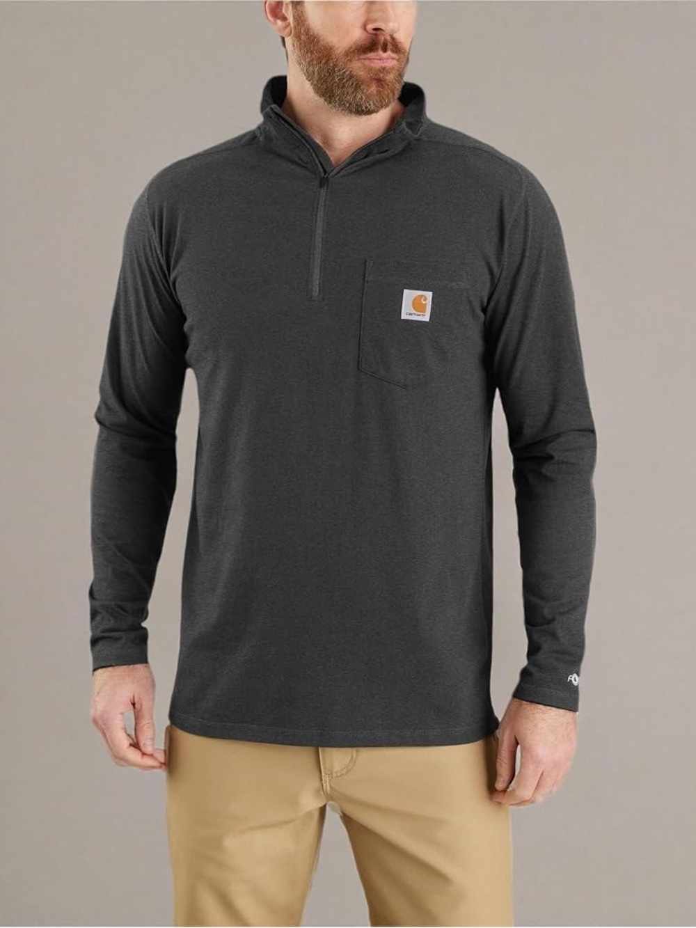 Carhartt Force Charcoal Long-Sleeve Quarter-Zip Pocket Tee S Stand-Up Collar